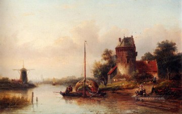  verano Lienzo - Un paisaje fluvial en verano con una barcaza de heno amarrada junto a una granja fortificada Jan Jacob Coenraad Spohler